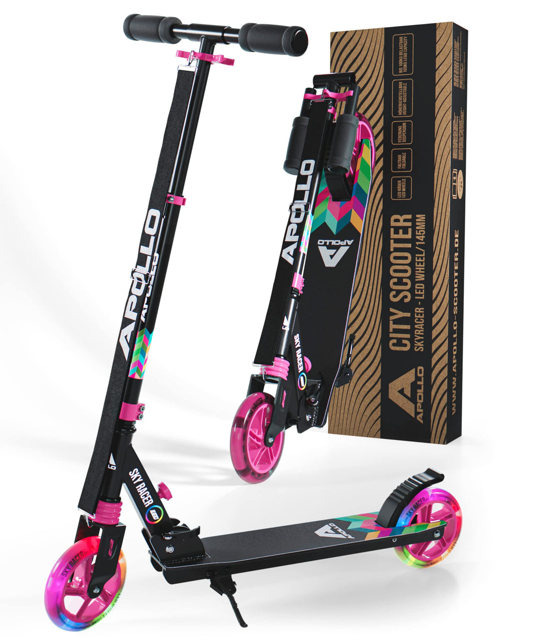 Apollo Skyracer City Roller mit LED Leuchträdern | Roller Kinder 6 Jahre | City Scooter mit Federung