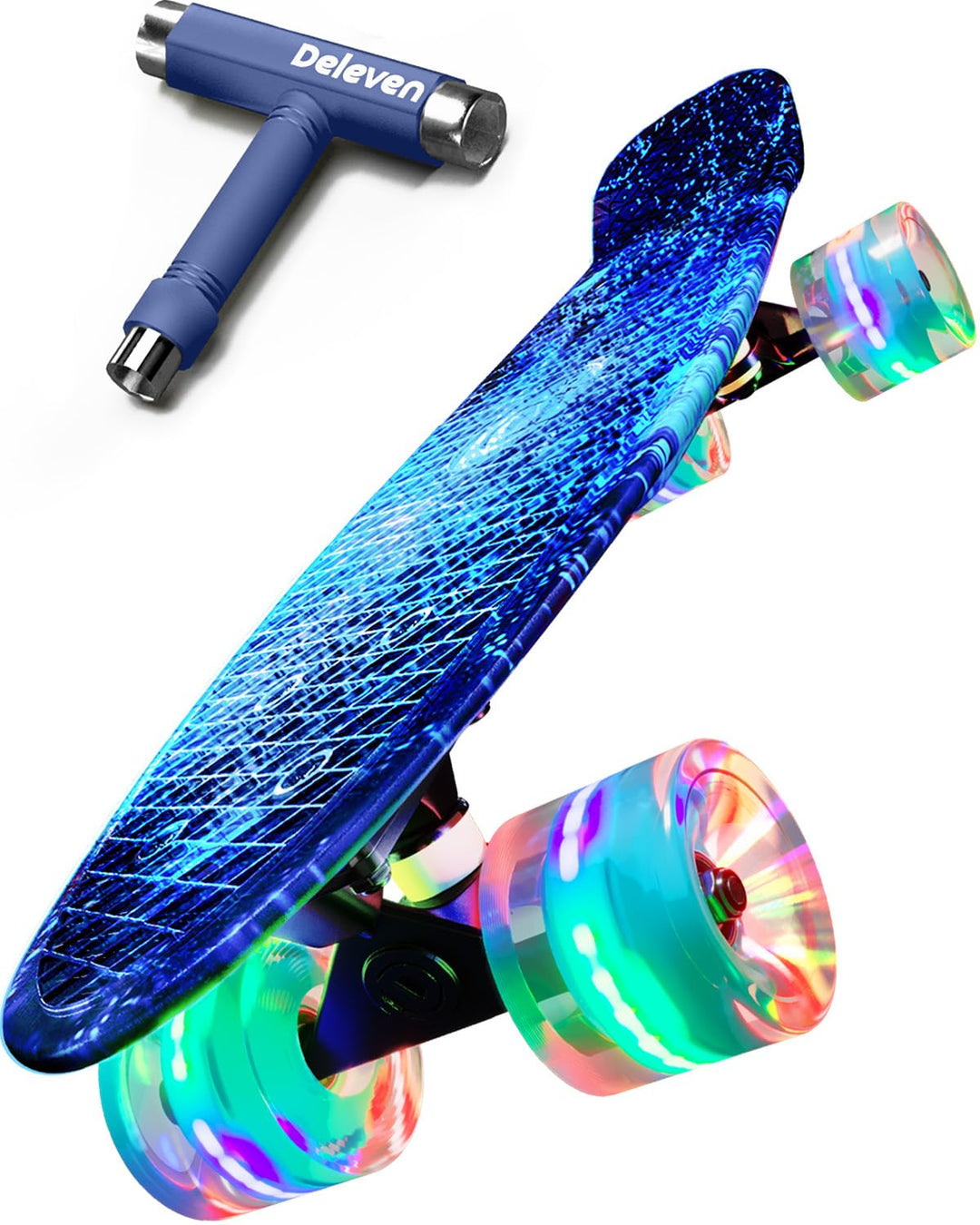 Deleven Skateboard mit LED Rollen, Skate Tool und ABEC 7 Lager - Kinder Erwachsene Anfänger - 56 cm