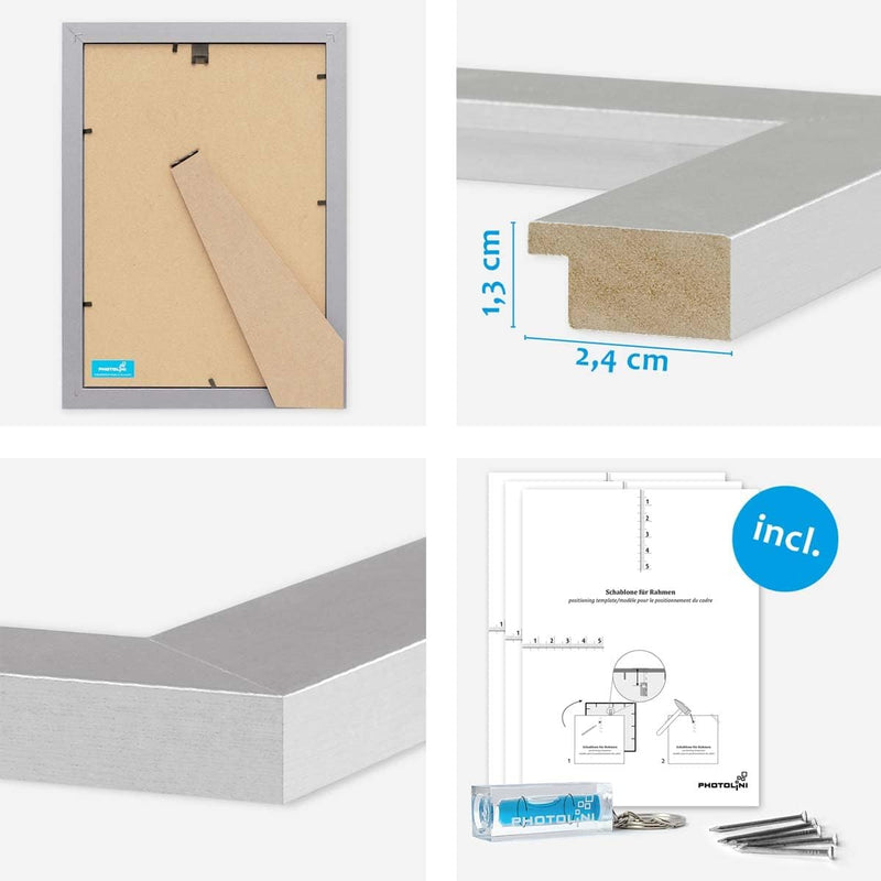 PHOTOLINI Bilderrahmen-Set Silber MDF-Holz, breite Rahmen, 10er Rahmenset, modern, bruchsicheres Acr