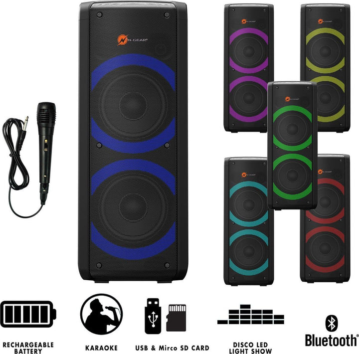 N-Gear LGP72 Let’s go Party Bluetooth Lautsprecher | Soundsystem mit Karaoke Mikrofon, Disco-LEDs, P