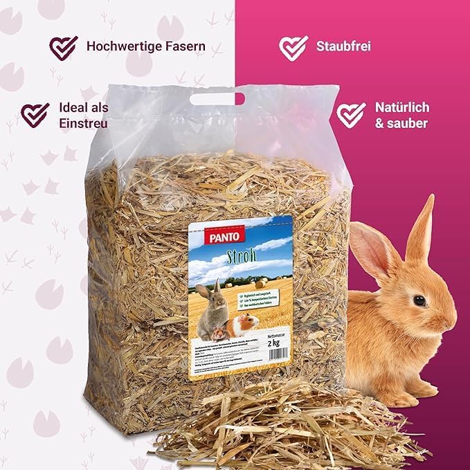 PANTO Stroh 2 kg – goldgelbes entstaubtes Stroh fü̈r Kaninchen und Nager, ideal als Einstreu, zum Ne