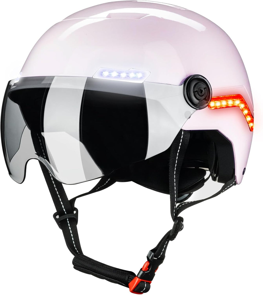 ILM Fahrradhelm Herren Damen mit Visier und LED Licht Beleuchtung Automatischem G-Sensor für Blinker