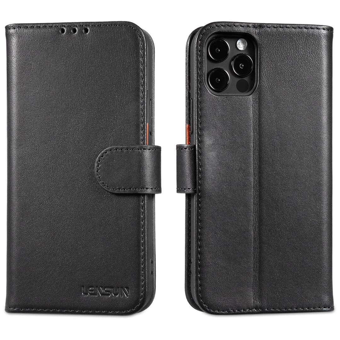 LENSUN Echtleder Hülle für iPhone 12, iPhone 12 Pro Handyhülle [Echtes Leder][Magnetverschluss][RFID