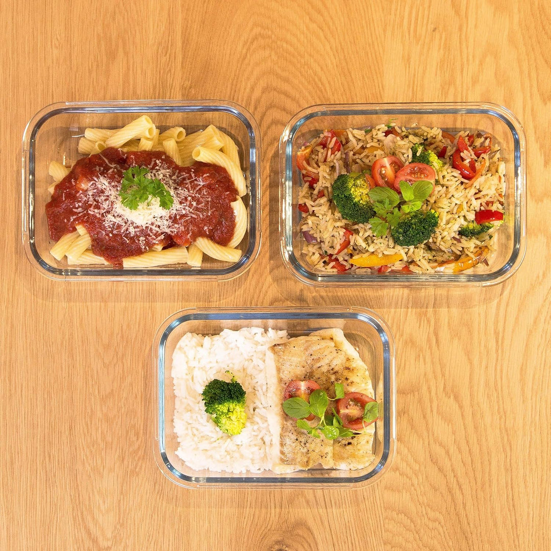 Grizzly Glas Frischhaltedosen, Set 3x 1040 ml, luftdicht, rechteckig, Click-Verschluss, vielseitige