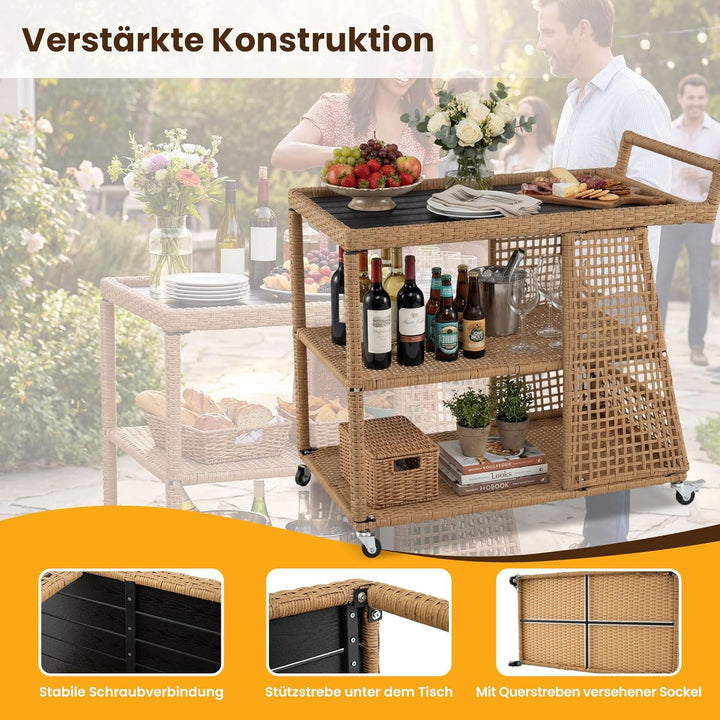 COSTWAY Servierwagen mit Rollen, Rattan Küchenwagen mit Arbeitsplatte & offenen Ablagen & seitlichem