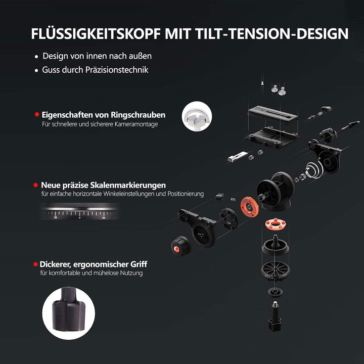 【Neigungsspannung-Design】 RAUBAY 179,8 cm Professionelle robuste Videokamera-Stativ mit Flüssigkeits