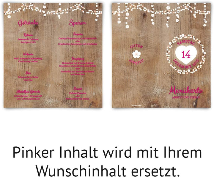 10 x Menükarten Hochzeit Menü individuell Klappkarten Speisekarten Getränkekarten - Holz Lichtgirlan