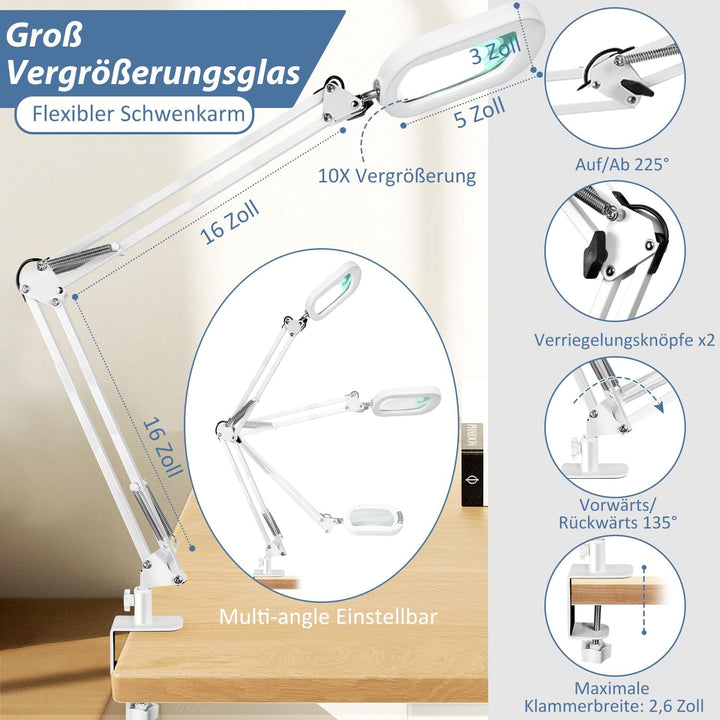 Veemagni 10X Echtes Glas Rechteckige Lupe mit Licht und Klemme, 5 Farbmodi Stufenlos Dimmen, 2 * 16