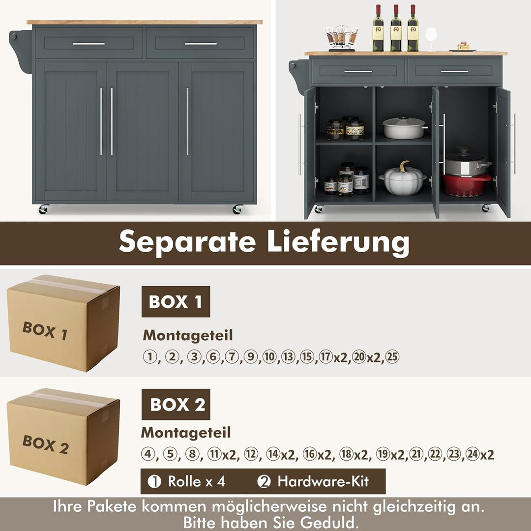 COSTWAY Küchenwagen auf Rollen, Servierwagen mit Arbeitsplatte, 2 Schubladen, Messer- &amp; Handtuchhalt