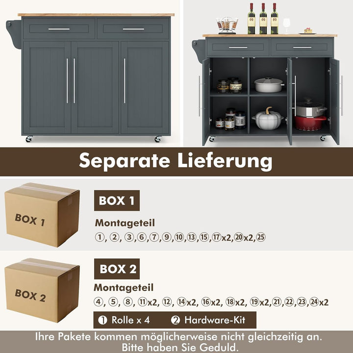 COSTWAY Küchenwagen auf Rollen, Servierwagen mit Arbeitsplatte, 2 Schubladen, Messer- &amp; Handtuchhalt