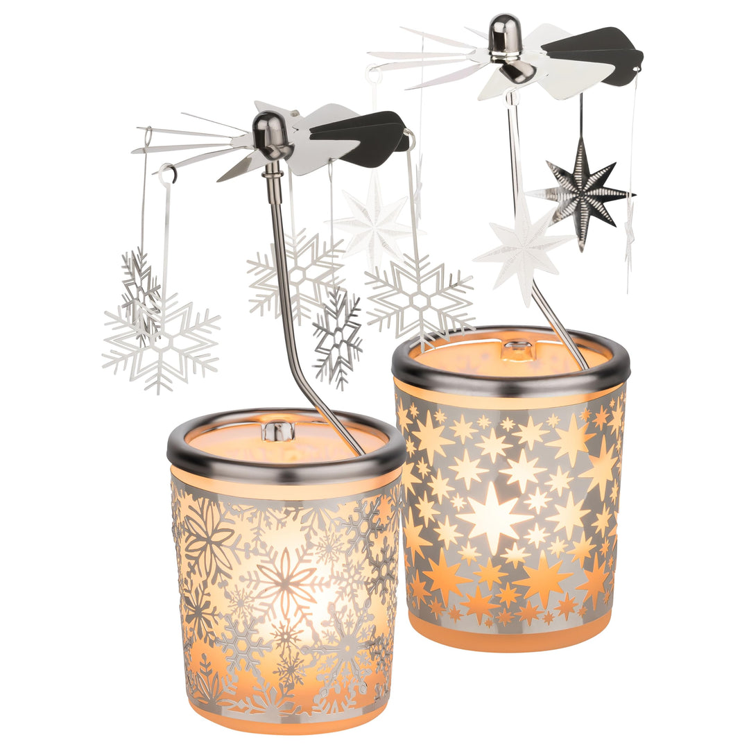 Set aus 2 WINDLICHTERN mit KARUSSELL [Schneeflocke & Sterne Motiv] – Teelichthalter für Advent & Wei