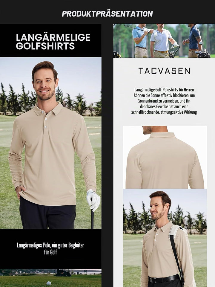 TACVASEN Herren Poloshirt Langarm Golf Polo Schnelltrocknend Funktionsshirts Leicht T-Shirts mit 3-K