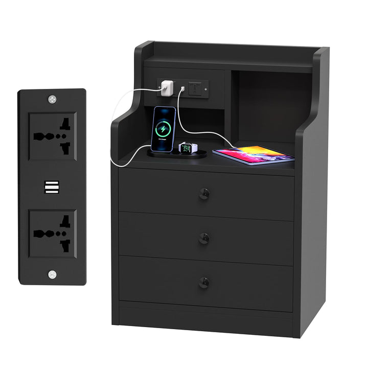 PIPIPOXER Nachttisch Schwarz mit Led Licht, Nachtschrank mit 3 Schubladen und 16 Farben Beleuchtung,