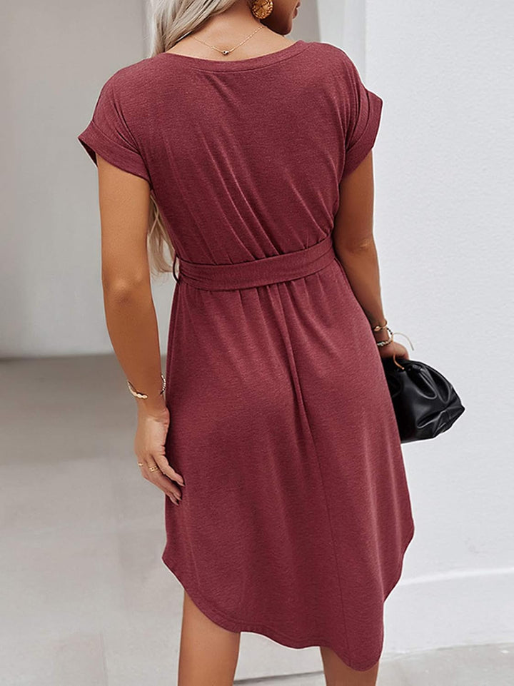 Bequemer Laden Damen Sommer Kleid Knopfleiste Kurzarm Midi Kleider Elegant Sommerkleid Businesskleid