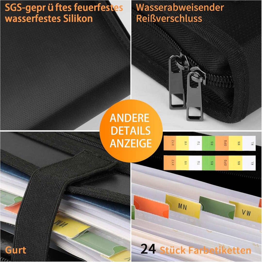 JUNDUN Fächermappe - Dokumentenmappe a4 mit mehreren Fächern - Feuerfest Dokumententasche mit Reissv