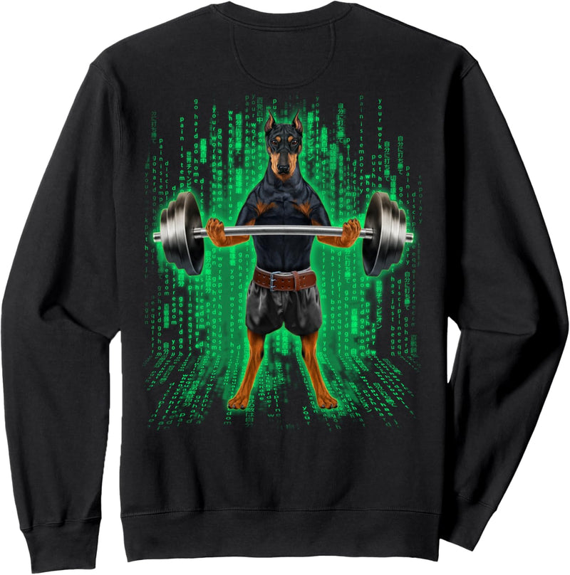 Dobermannhund, der Gewichte im Cyber-Fitnessstudio hebt Sweatshirt