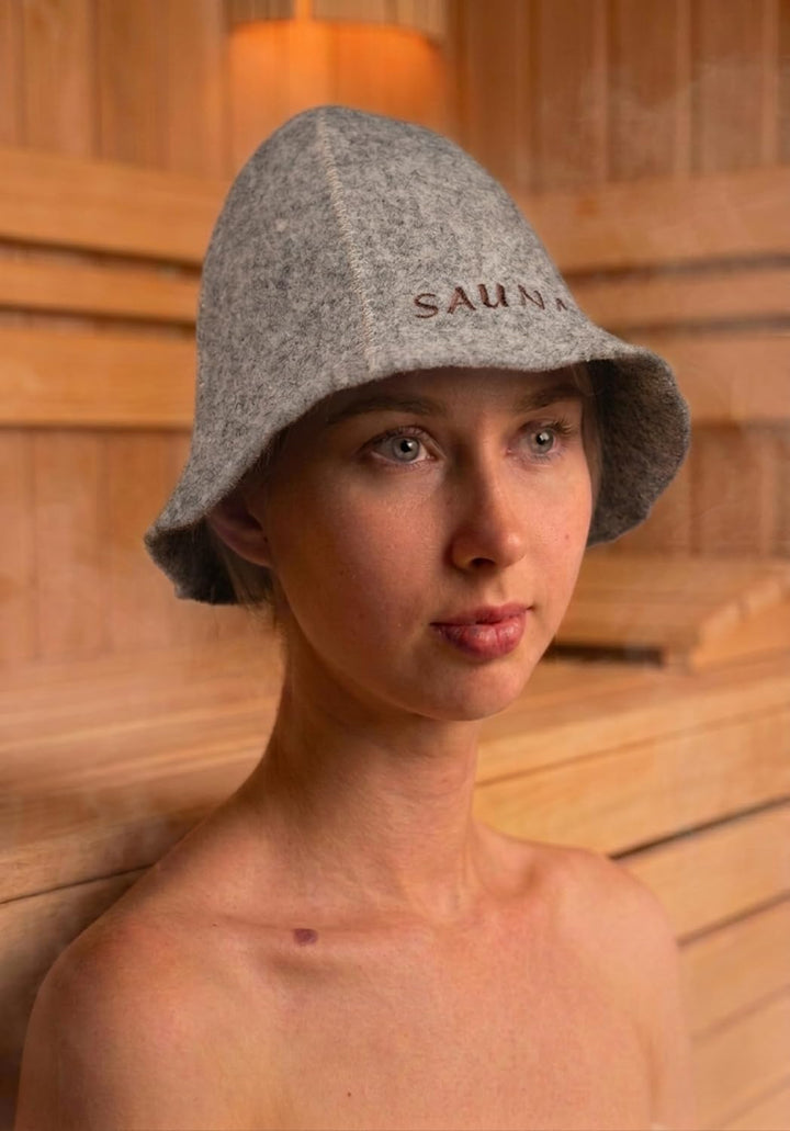 Saunahut Wolle mit Stickerei für Damen und Herren, Wellness Mütze Premium Qualität (DE/NL/SE/PL, Num