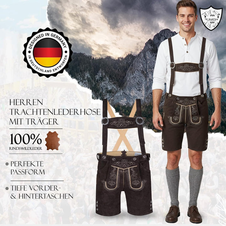 Premium Lederhose für Herren - Elegante Trachtenhose Gr.46-60 - Kurze Trachten Lederhose mit Träger