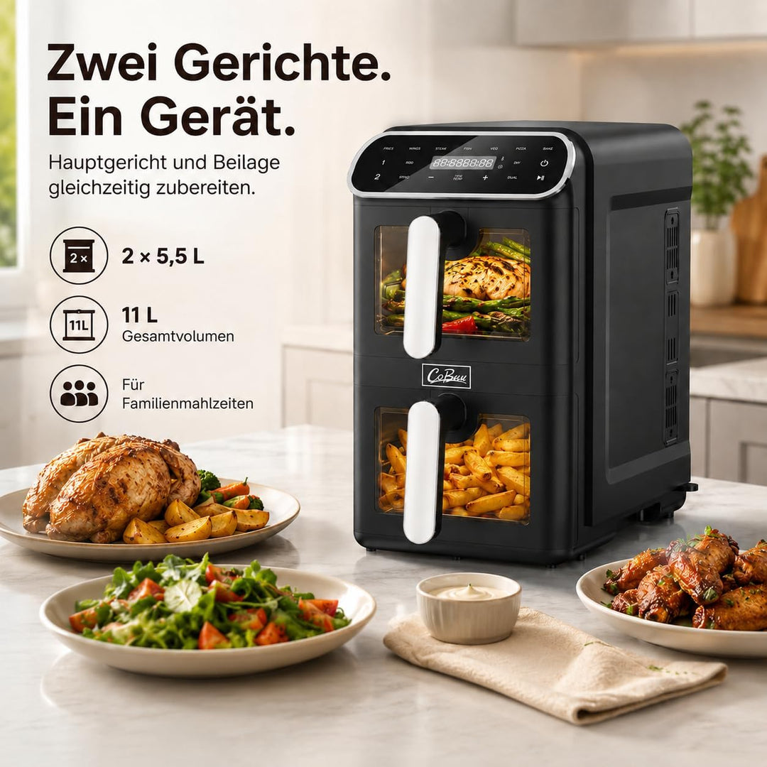 Heissluftfritteuse 2 Kammern übereinander 11L, platzsparende vertikale Doppelkammer, 2×5,5L Airfryer