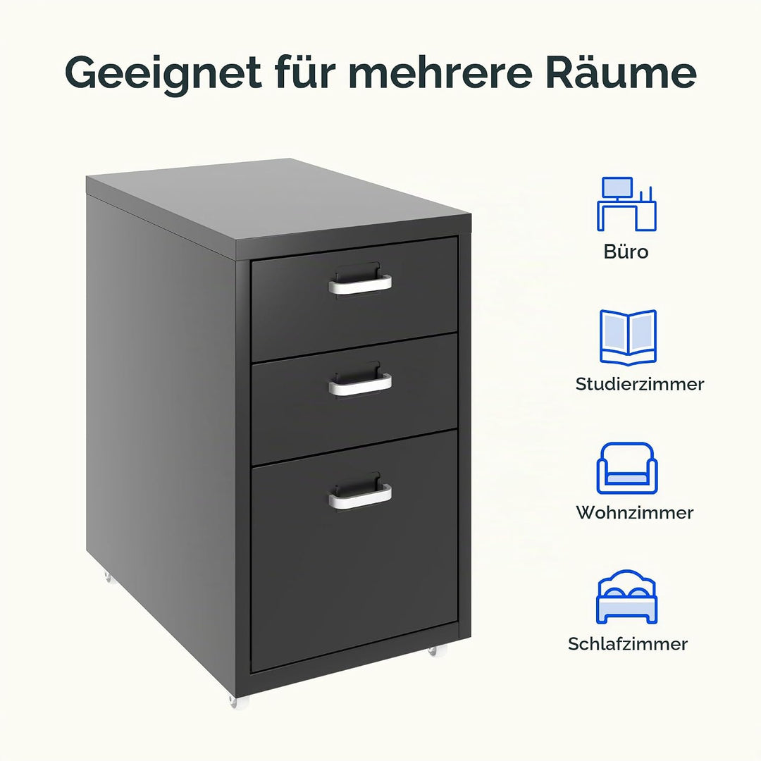 FLEXISPOT Rollcontainer Büroschrank mit 3 Schubladen, Aktenschrank Metallschrank Kommode mit Rädern,