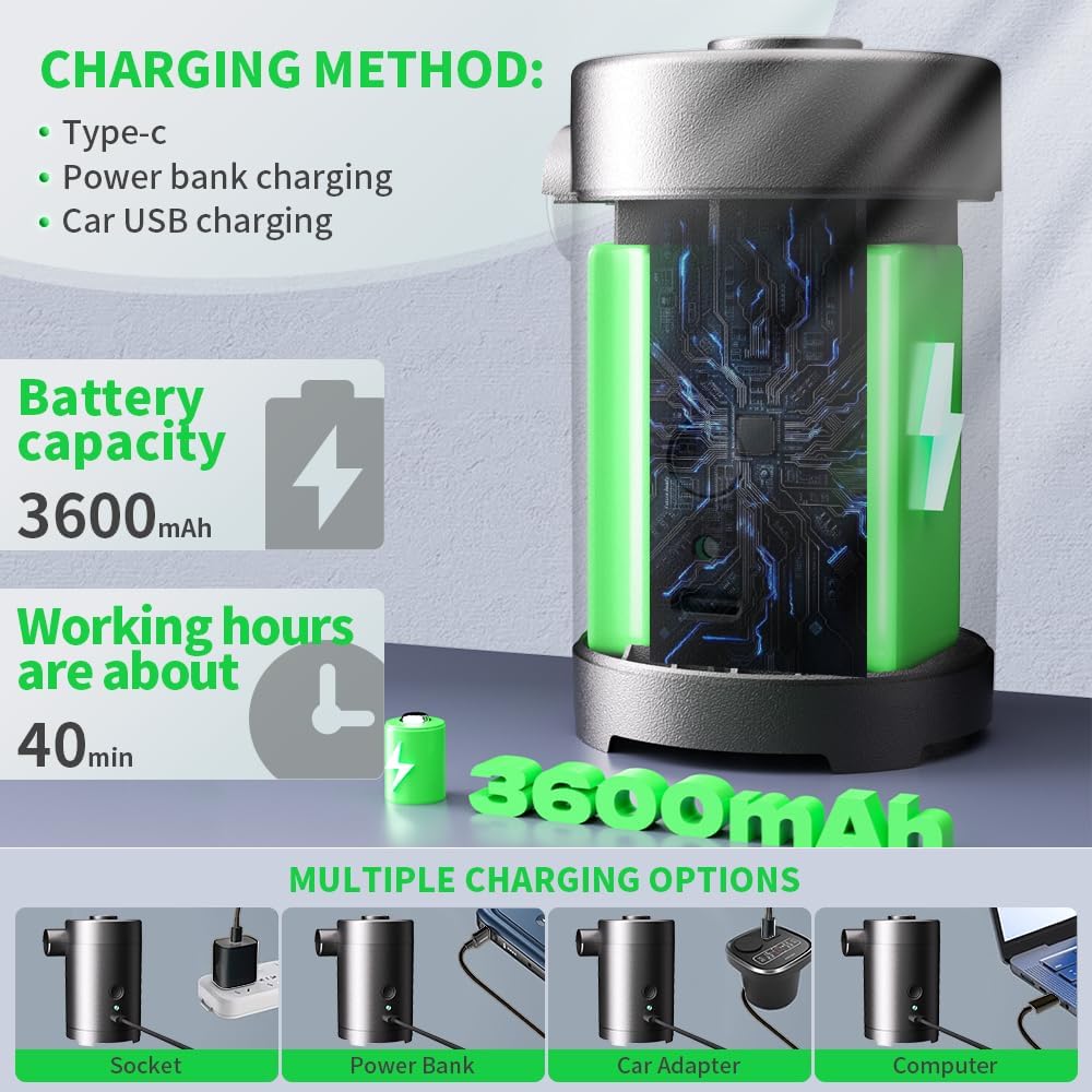 Elektrische Luftpumpe für aufblasbare Gegenstände, 3600 mAh, Luftmatratzenpumpe, wiederaufladbar, tr