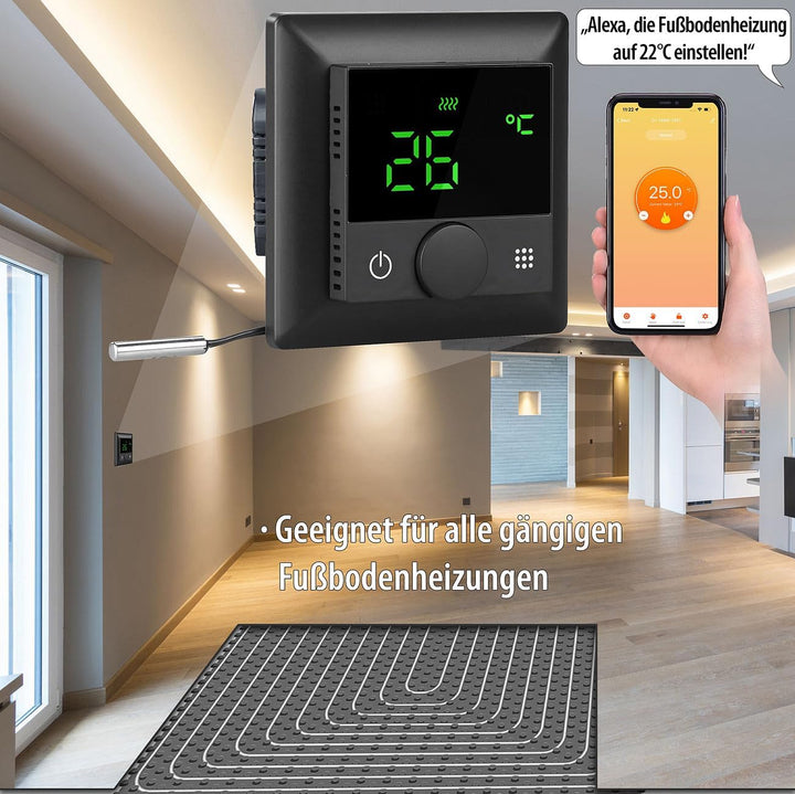 revolt Alexa-Thermostat Heizung: WLAN-Fussbodenheizungs-Thermostat mit Sprachsteuerung und App, schw