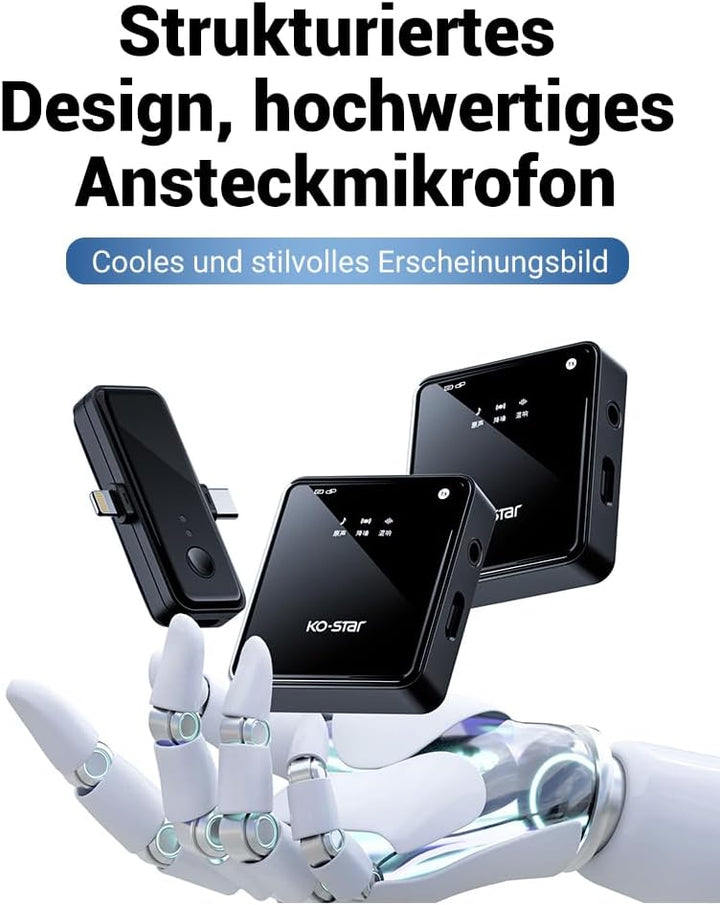KO-Star M-240T Kabelloses Ansteckmikrofon Set 2,4G (2× Sender + 1× Empfänger) Plug & Play für iPhone