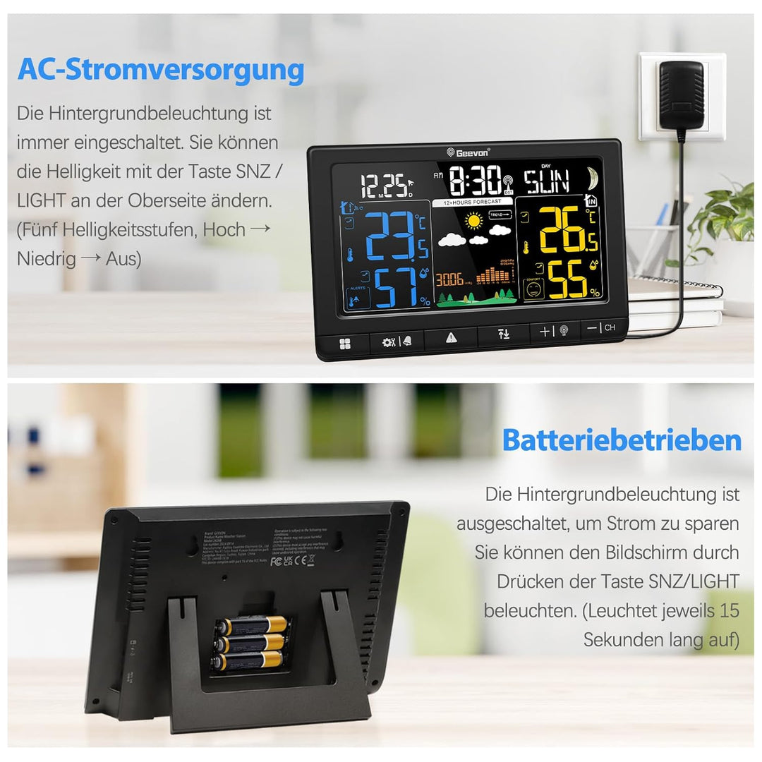 Geevon Wetterstation Funk mit Aussensensor, DCF-Funkuhr, Grosses LCD 350° Ablesewinkel für Innen und
