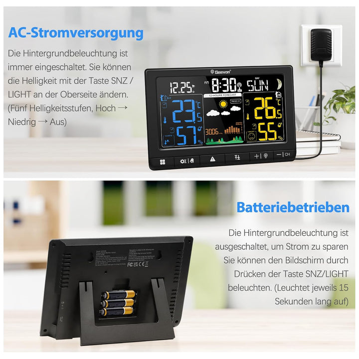 Geevon Wetterstation Funk mit Aussensensor, DCF-Funkuhr, Grosses LCD 350° Ablesewinkel für Innen und