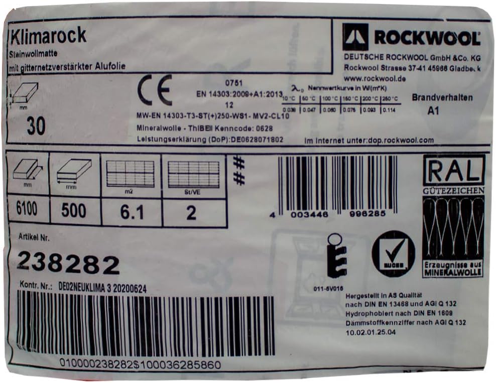 Rockwool Klimarock Steinwollmatte gitternetzverstärkt in verschiedenen Grössen, Inhalt:Halbe Rolle,