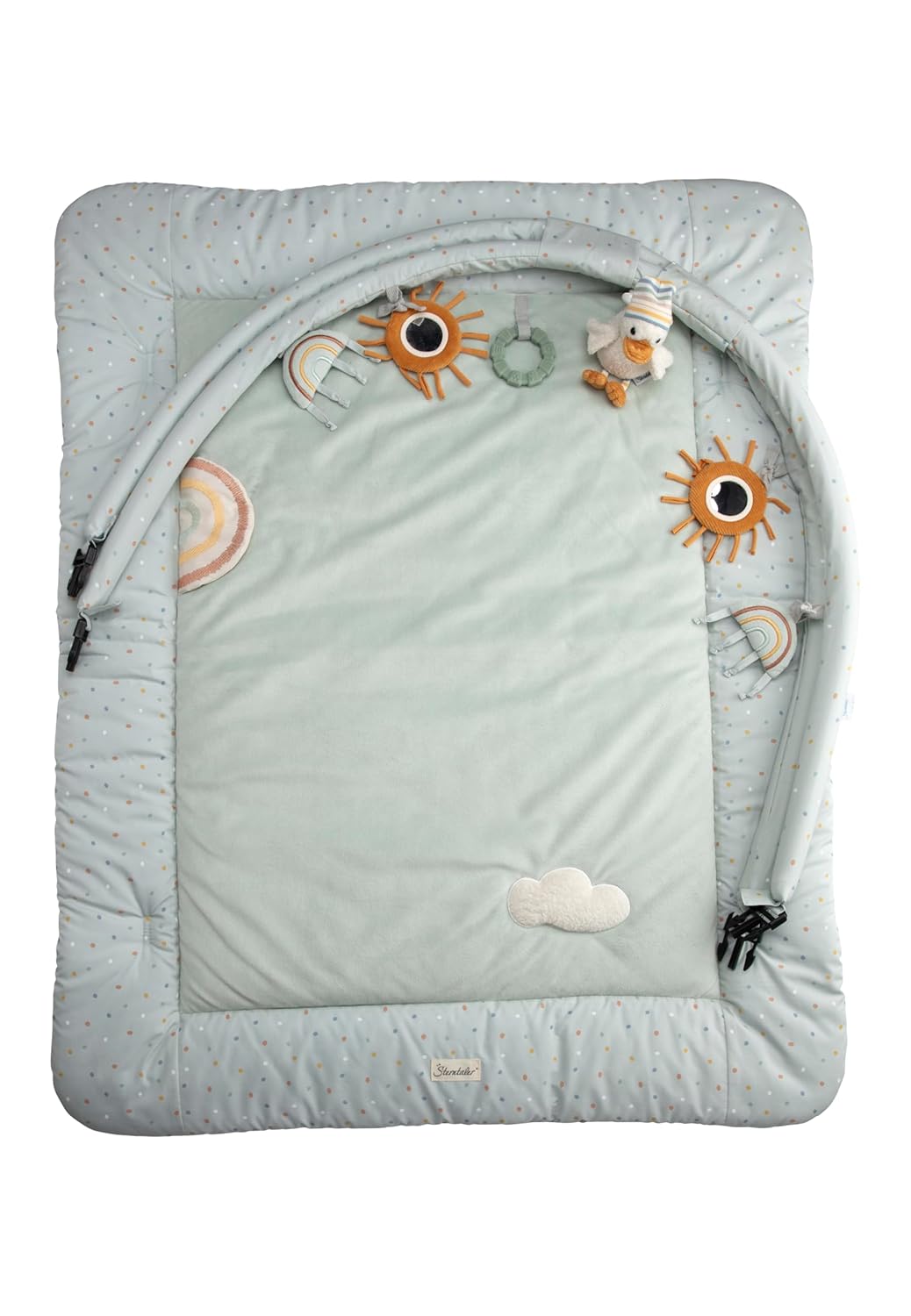 Spielbogen Ente Edda Lou, Baby Krabbeldecke 80 x 100 cm mit abnehmbarem Spielzeug und Kuscheltier, S