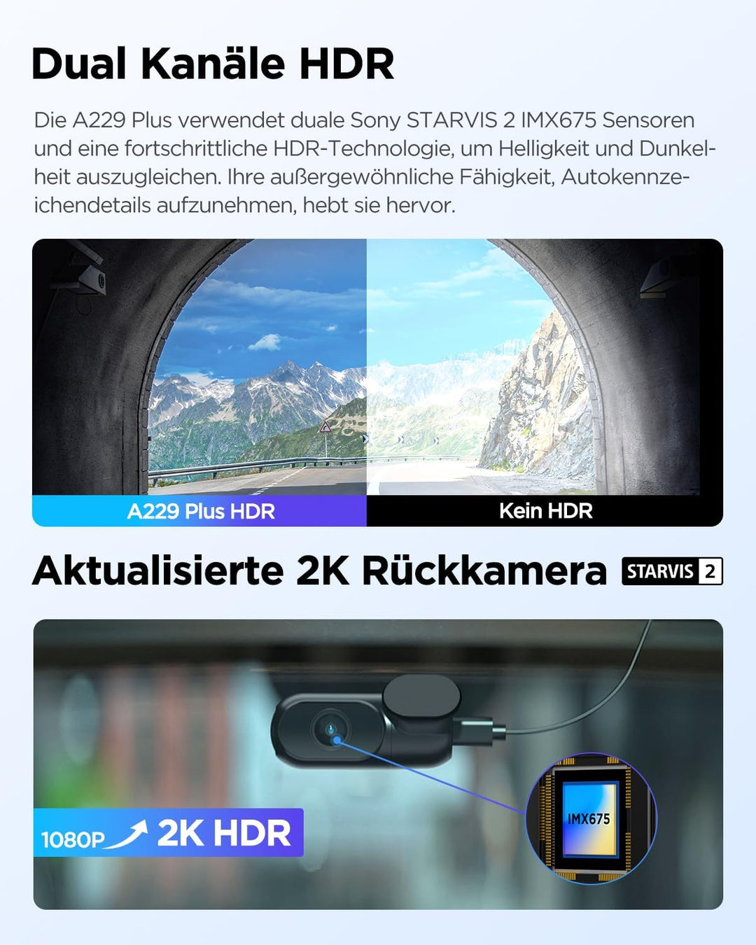 VIOFO A229 Plus 2K + 2K Dual STARVIS 2, HDR Vorne hinten Dashcam Auto, Sprachsteurung & 5GHz Wi-Fi W
