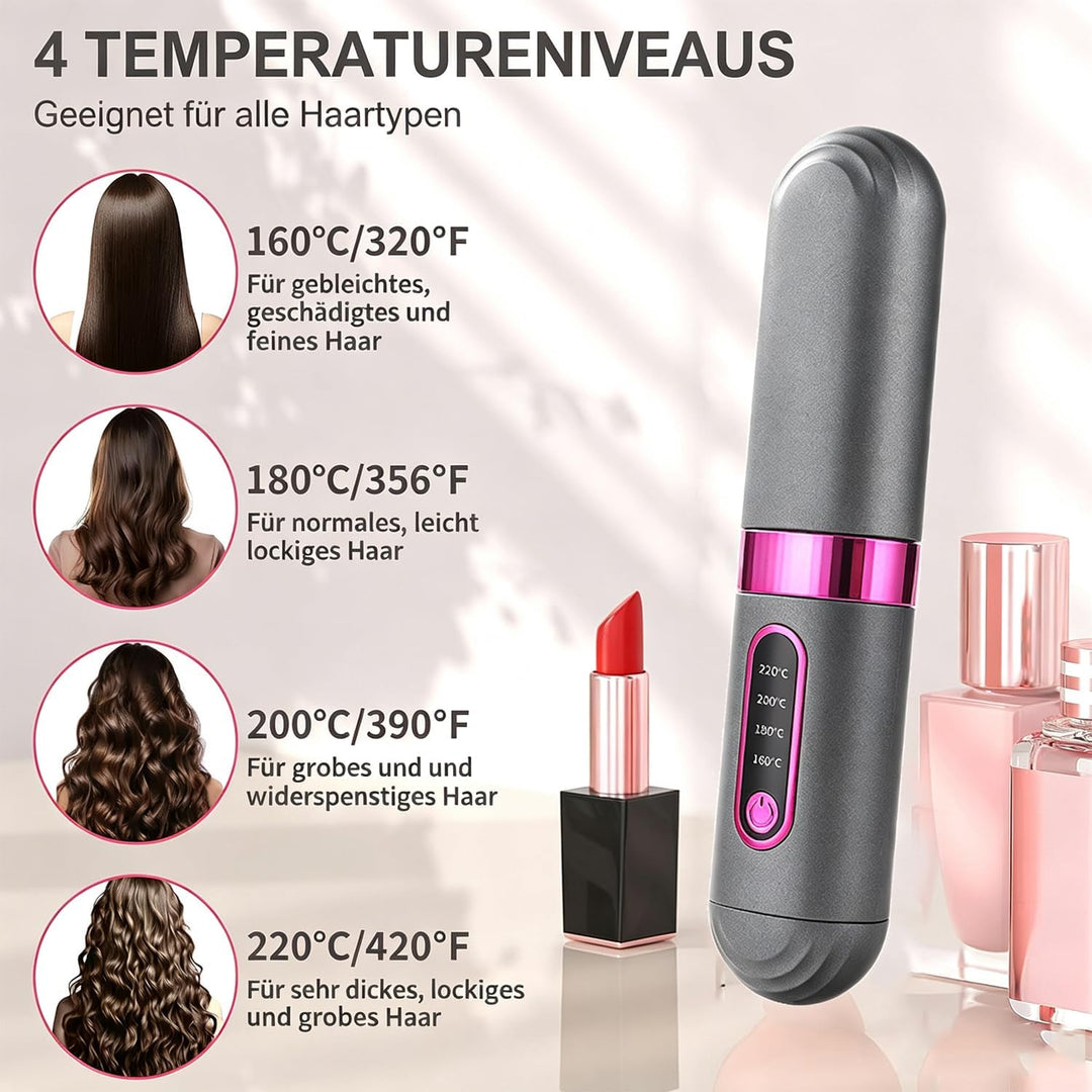 Kabellose Glättbürste, MCH Keramikheizung Negative Ionen Mini Glätteisen | 4 Temp Einstellungen, Haa