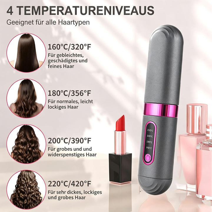 Kabellose Glättbürste, MCH Keramikheizung Negative Ionen Mini Glätteisen | 4 Temp Einstellungen, Haa