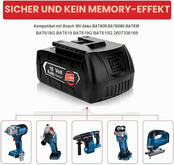 2X 18V 8.0Ah/8000mAh Ersatzakku für Bosch akku + Ladegerät für 14,4V-18V BAT618 BAT618G BAT609 BAT60