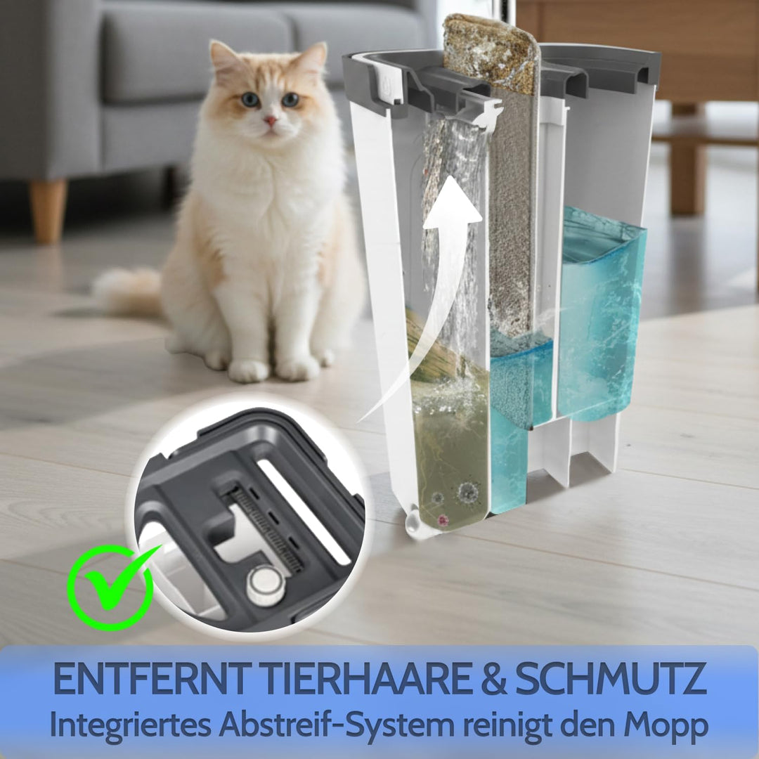 Allyson® Wischmopp Set mit Eimer, 3 Kammer System, inkl. 15 Mopptücher | Integrierter Haarentferner,