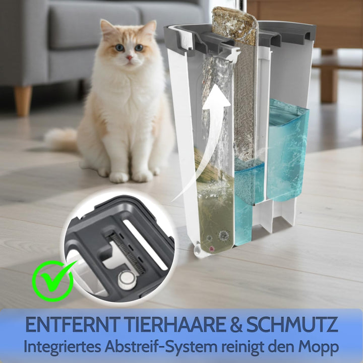 Allyson® Wischmopp Set mit Eimer, 3 Kammer System, inkl. 15 Mopptücher | Integrierter Haarentferner,