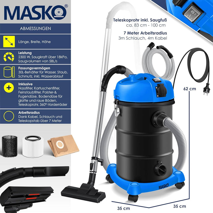 Masko® 6IN1 Industriestaubsauger Staubsauger Nass Trocken Sauger Aschesauger 2300W + Steckdose✓ Blas