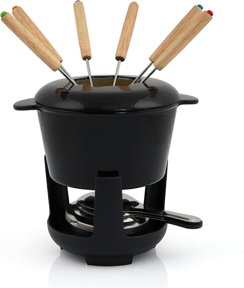 BBQ-Toro Gusseisen Fondue Set für 6 Personen | 1 Liter | Fondueset 13 teilig mit Brenner und Gabeln