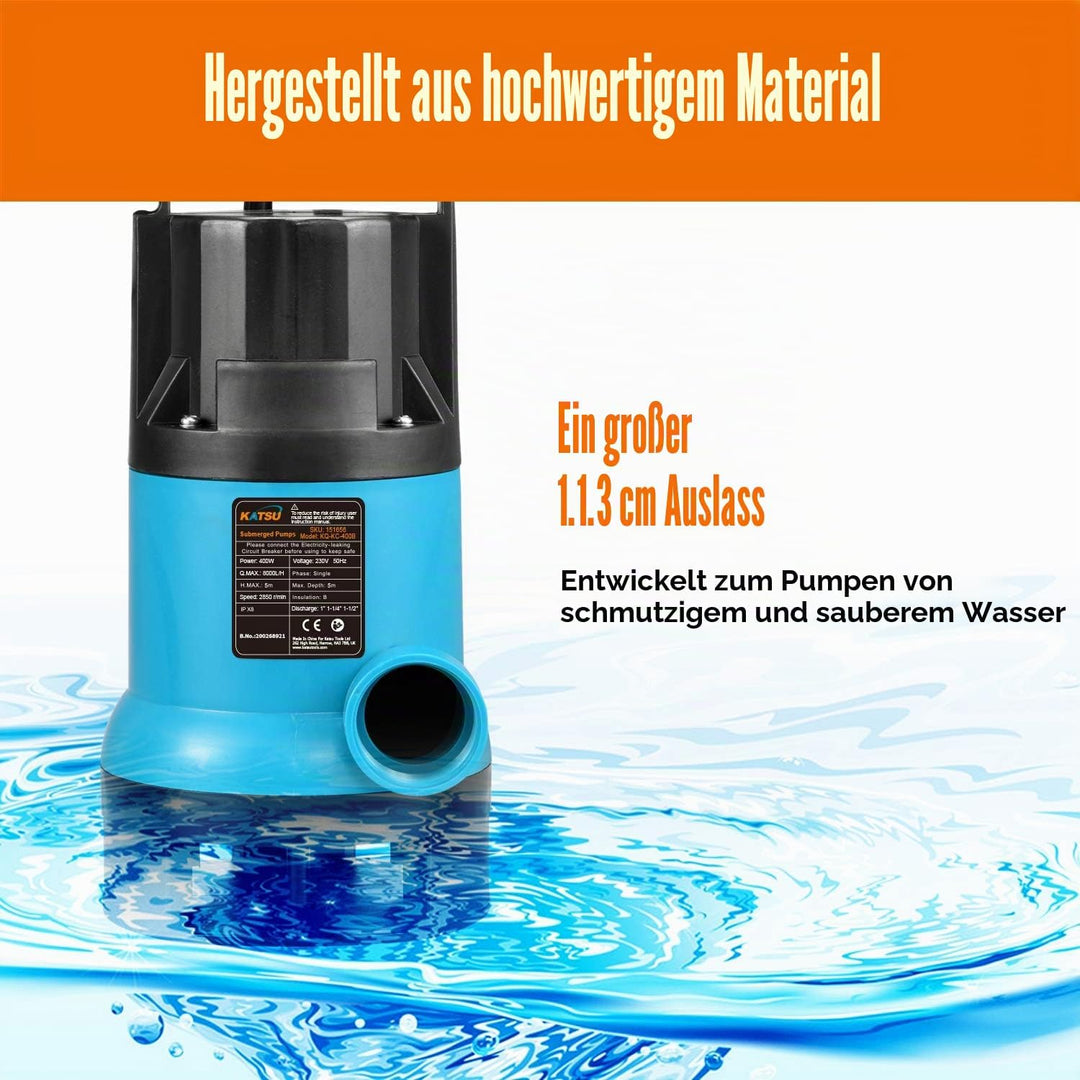 KATSU 400W Tragbare Tauchpumpe für sauberes und schmutziges Wasser 8000L/h für Gartenteich, Pools, G
