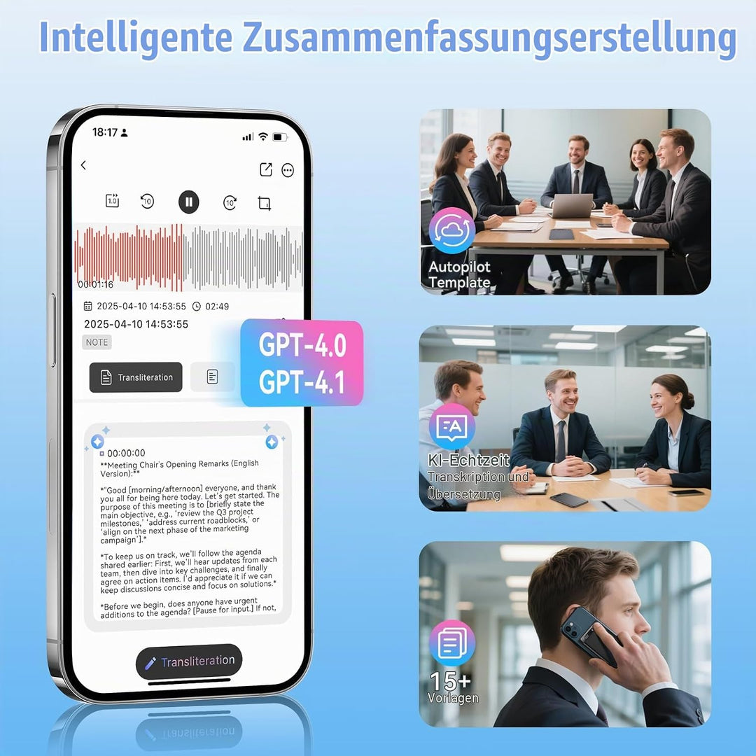 KI Digitales Diktiergerät AI Sprachrekorder 118+ Sprachen Echtzeit-Transkription &amp; Übersetzung 64GB