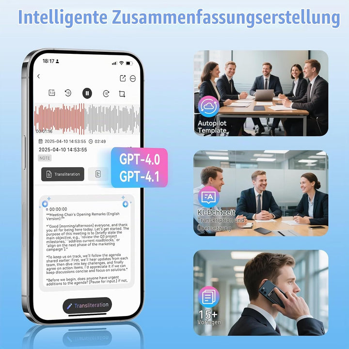 KI Digitales Diktiergerät AI Sprachrekorder 118+ Sprachen Echtzeit-Transkription &amp; Übersetzung 64GB