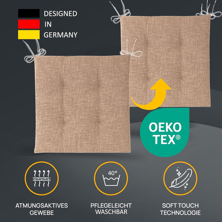 LILENO HOME 2er Set Stuhlkissen Hellbraun (40x40x4,5 cm) - Sitzkissen für Gartenstuhl, Küche oder Es