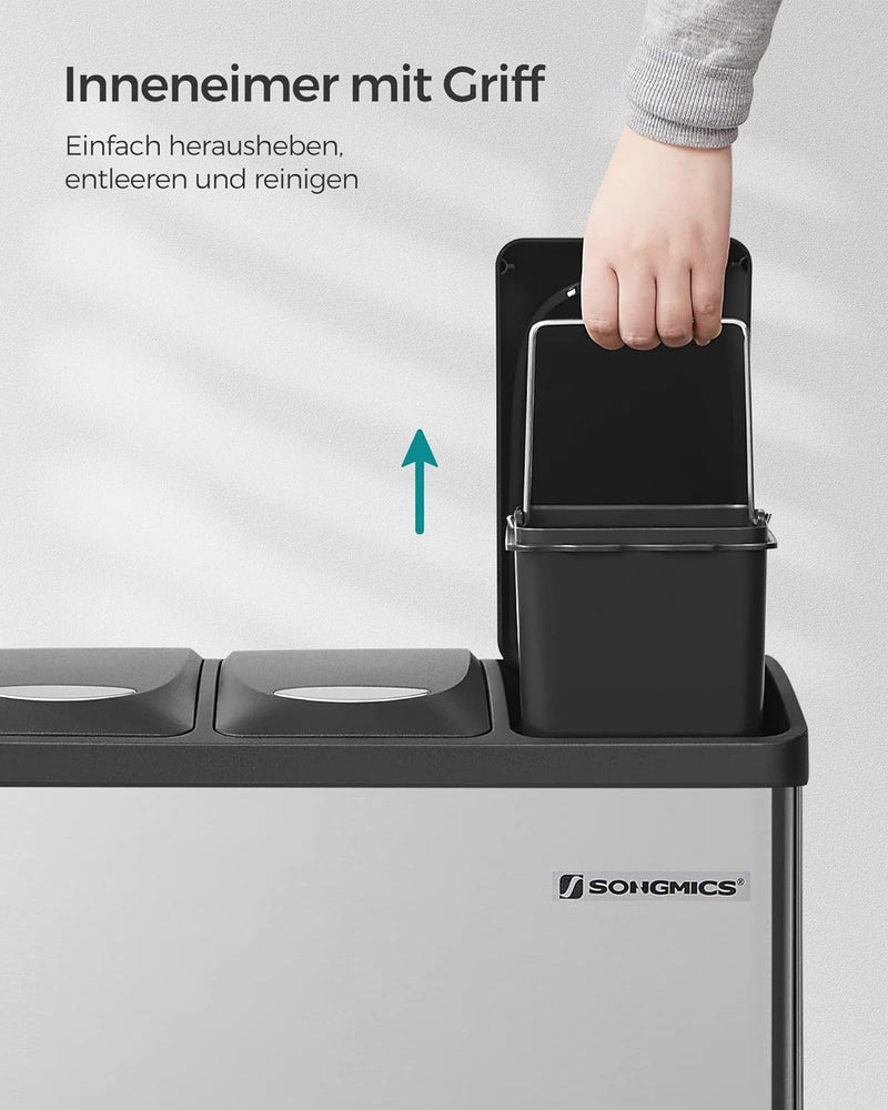 SONGMICS Mülleimer für die Küche, 3 x 8 L, Abfalleimer aus Metall, 3-in-1 Treteimer, Mülltrennung, M