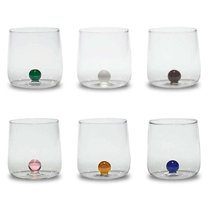 Zafferano Bilia Tumbler Set 6 Wassergläser transparent mit Kugel in 6 verschiedenen Farben