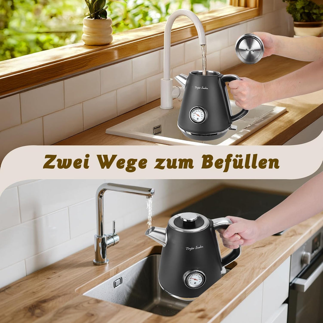 Taylor Swoden Aladin - Wasserkocher Edelstahl 1,7l, Retro elektrischer Wasserkocher mit Kalkfilter 2