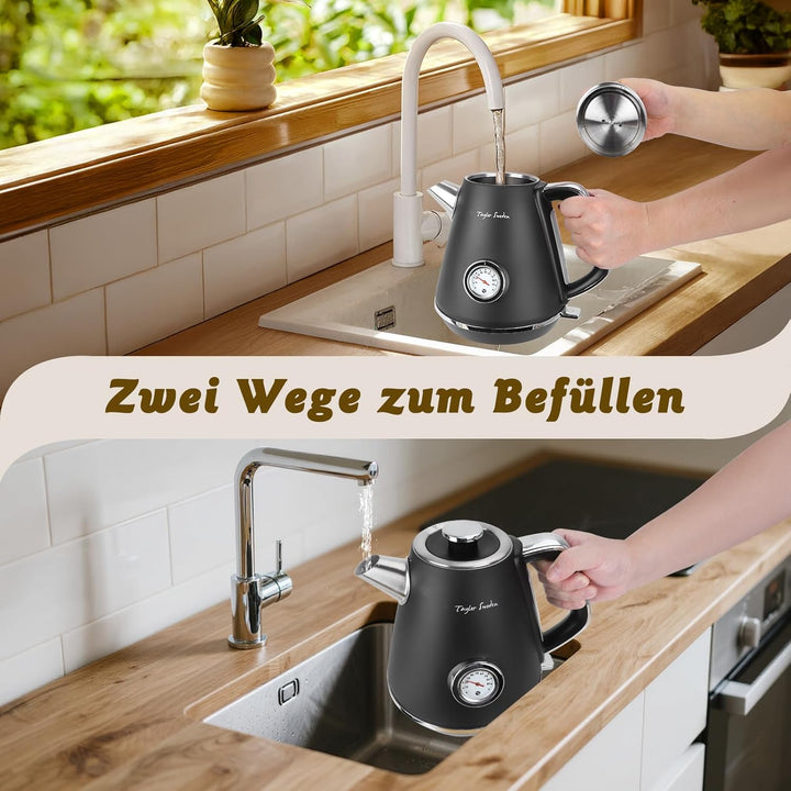 Taylor Swoden Aladin - Wasserkocher Edelstahl 1,7l, Retro elektrischer Wasserkocher mit Kalkfilter 2