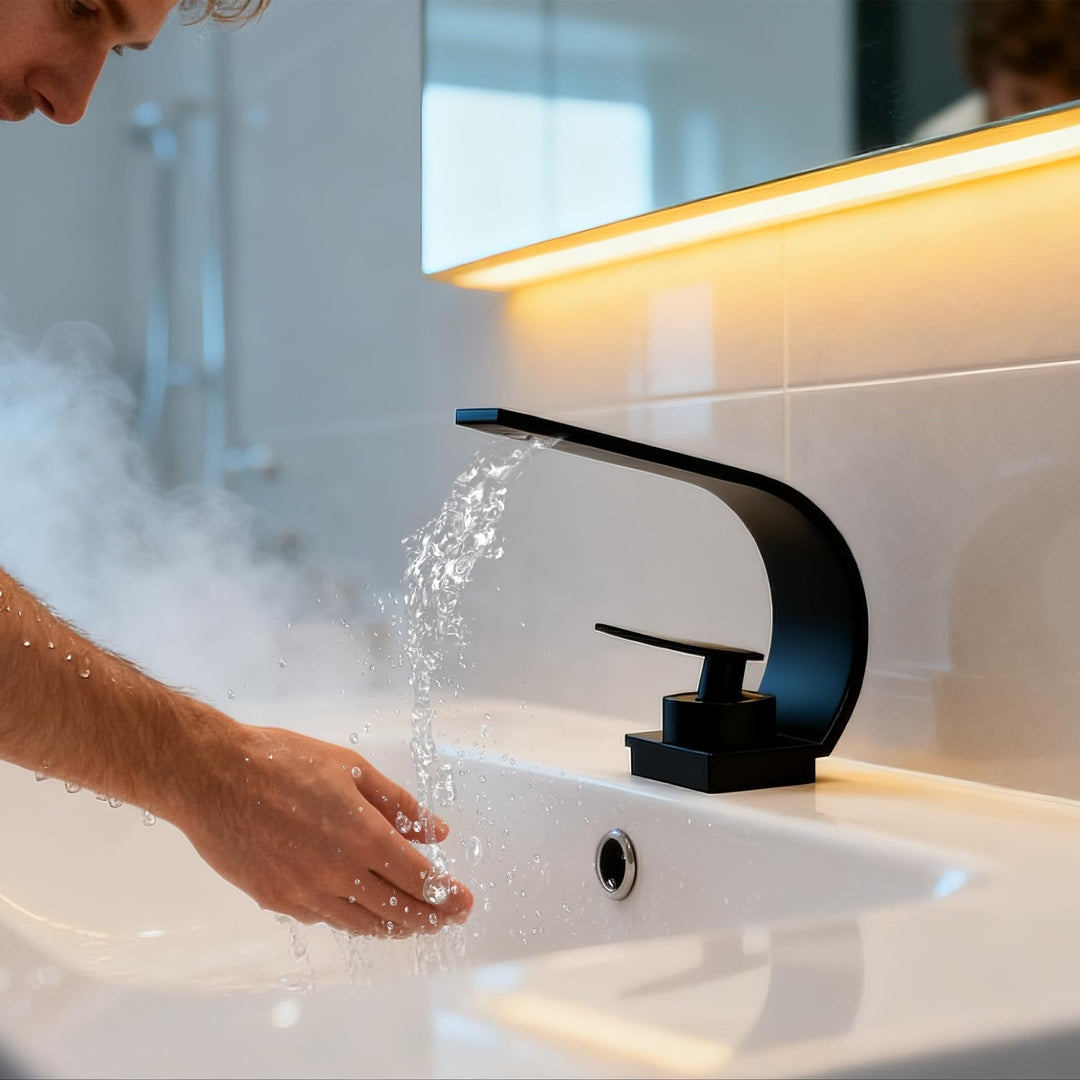 UISEBRT Schwarz Wasserfall Wasserhahn Bad, Modern Messing Waschtischarmatur,Einhandmischer mit Kalt