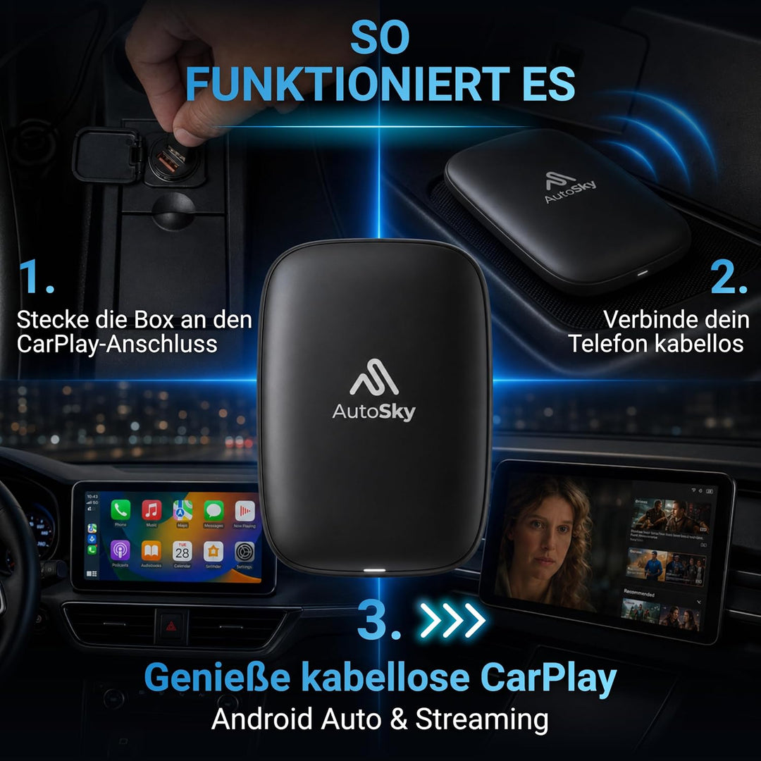 AutoSky Wireless CarPlay & Android Auto AI Box Lite – Für Fahrzeuge mit Wired CarPlay – Kabellos Car