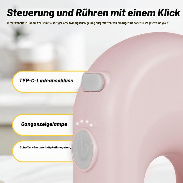 Elektrischer Handmixer: Rosa Handrührgerät mit 4 Stufen, Kabelloser Mixer Handrührer mit 2 Edelstahl